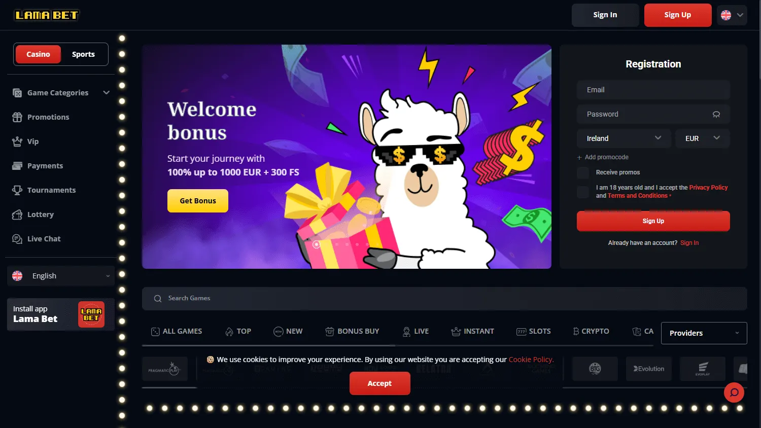 Lamabet Casino desktop home screen