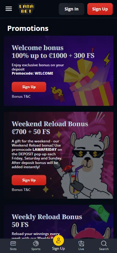 Lamabet Casino mobile promotions area