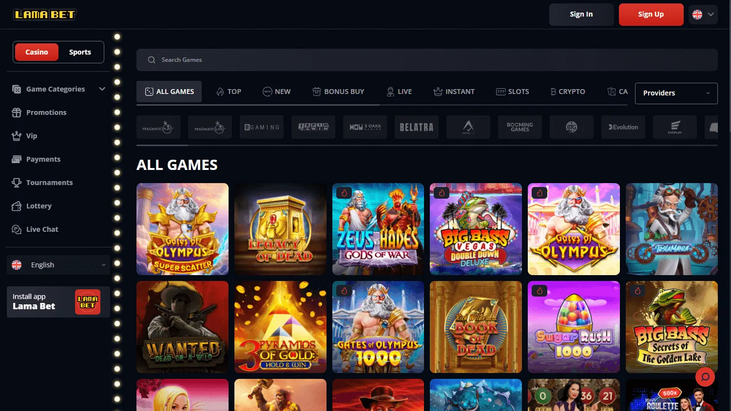 Lamabet Casino desktop game selection