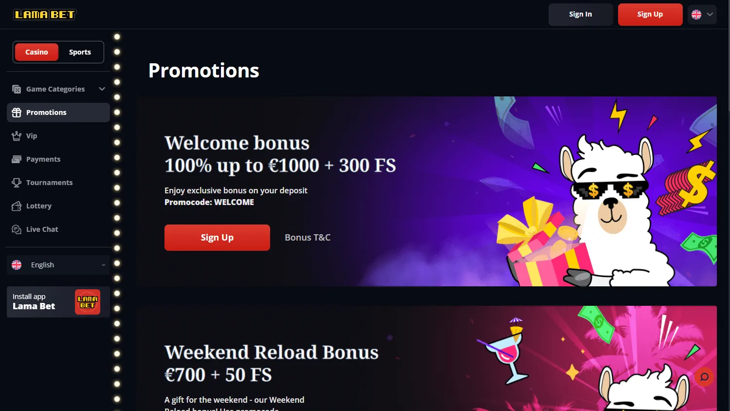 Lamabet Casino desktop promotions area