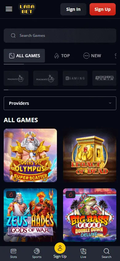 Lamabet Casino mobile game selection